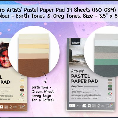 Brustro Artists' Pastel Paper Pad Set of 2, 24 Sheets (160 GSM) Each, Colour - Earth Tones & Grey Tones, Size - 3.5" x 5.5"