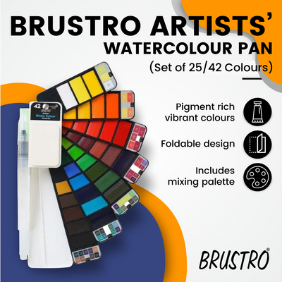 Brustro Artists Watercolour Pan Set of 25 with Artist 25% Cotton Watercolour Pad Cold Pressed 200 GSM A4 Pad 20 Sheets