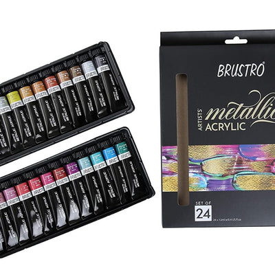 Brustro Artists’ Metallic Acrylic Set of 24 and Taklon Brush Set of 10 with 4 Canvas Boards