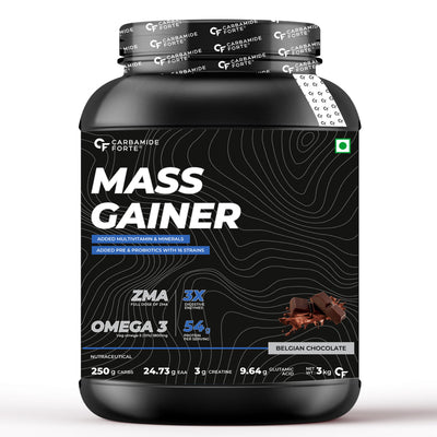 Carbamide Forte Mass Gainer with 54g Protein, 250g Carbs, Multivitamin, ZMA & Creatine 3g - Weight Gainer for Men & Women - Belgian Chocolate Flavour - 3 kg