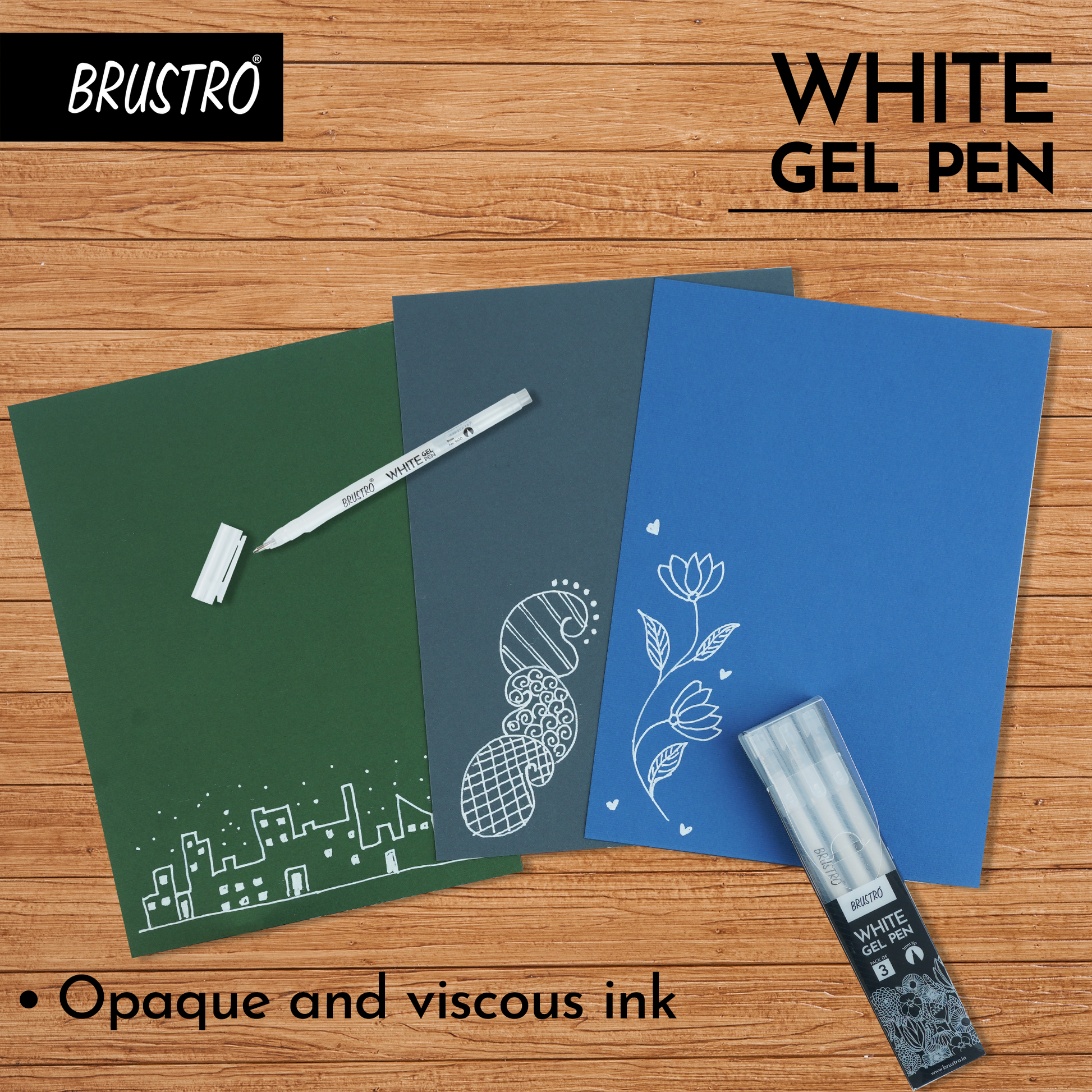 BRUSTRO White Gel Pen | Tip size -1 mm|Pack of 3 | Ideal for Students and Adults, Drawing, Mandala Arts, Students, Office Use, Writing, Pen Set