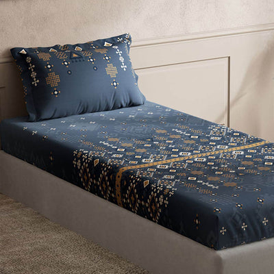 DDecor Blue & Brown Ethnic Motifs Cotton 150 TC Single Bedsheet with 1 Pillow Cover