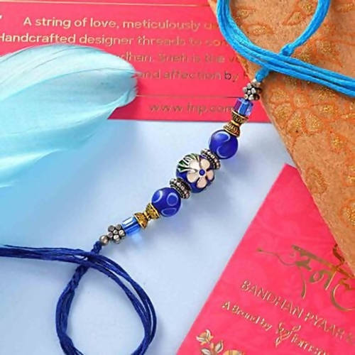 Blue Beads Work Rakhi & Handmade Assorted Chocolate Box Combo