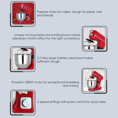 Crimson Edge Die-Cast Metal Stand Kitchen Mixer & Beater with free attachments | 5.7L SS Bowl | 1000W motor | 6 Speed Setting | Whisking Cone, Mixing Beater & Dough Hook attachments | 3 Yrs warranty | Red
