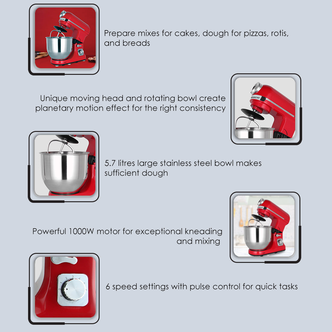Crimson Edge Die-Cast Metal Stand Kitchen Mixer & Beater with free attachments | 5.7L SS Bowl | 1000W motor | 6 Speed Setting | Whisking Cone, Mixing Beater & Dough Hook attachments | 3 Yrs warranty | Red
