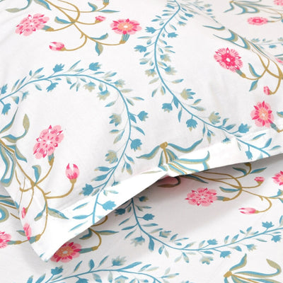haus & kinder Blossoms Pink & White 186 TC Cotton Queen Bedsheet With 2 Pillow Covers