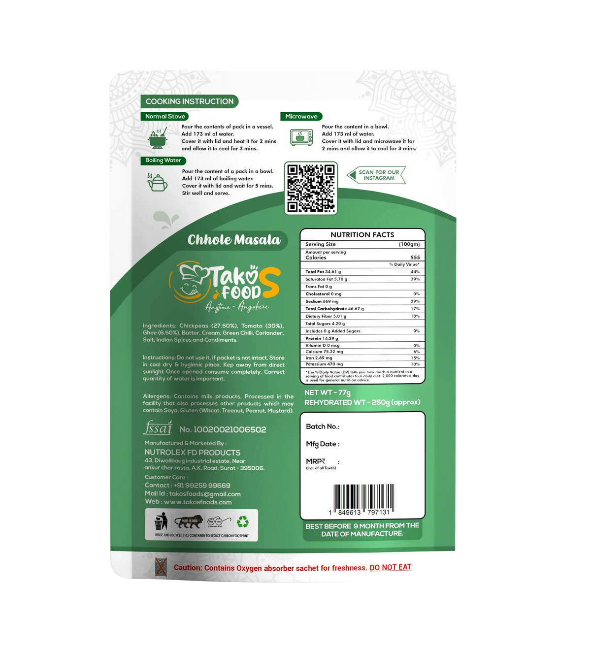 Takos Food Chhole Masala | Ready To Eat 250 gms