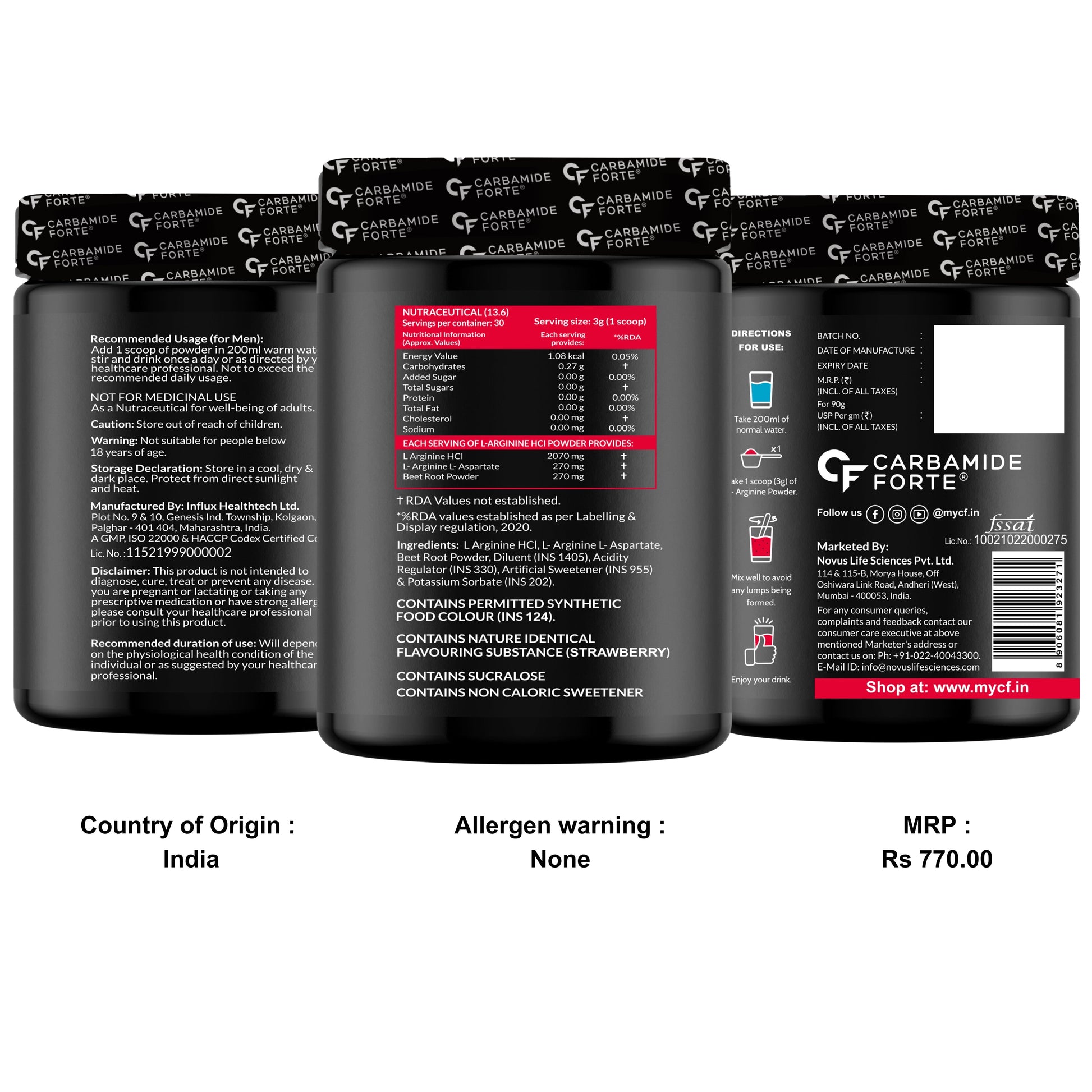 Carbamide Forte L Arginine Powder with Beetroot 3000mg - Strawberry Flavour - 90g
