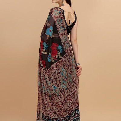 Black & Red Floral Printed Saree