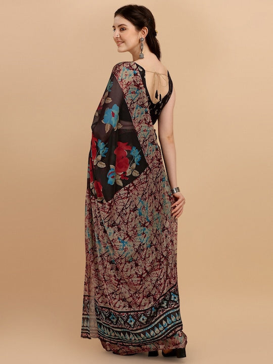 Black & Red Floral Printed Saree