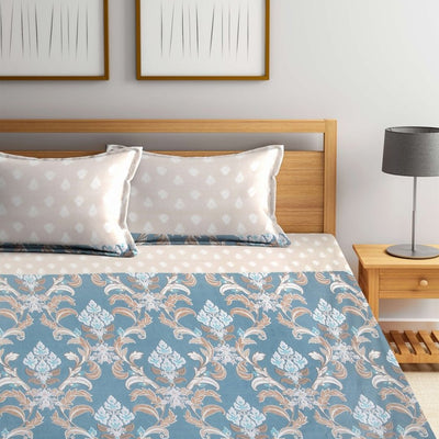 Arrabi Beige & Blue Floral 300 TC Super King Bedsheet With 2 Pillow Covers