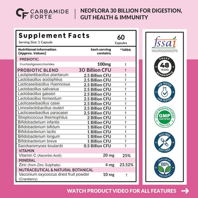 Carbamide Forte Probiotics Supplement 30 Billion for Women & Men - 60 Veg Capsules