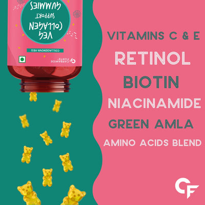 Carbamide Forte Veg Collagen Support Gummies, 60 Gummies | Collagen Supplements for Women & Men for Skin & Hair - Mango Flavour, 250 Grams, 60 Servings