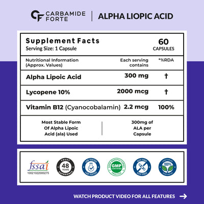 Carbamide Forte Alpha Lipoic Acid 300mg - ALA Capsules with Vitamin B12 & Lycopene | ALA Supplement | Supports Healthy Skin & Immunity - 60 Veg ALA Capsules