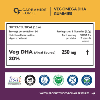 Carbamide Forte Veg Omega3 DHA 250mg - Gummies for Men, Women & Kids with Vegetarian DHA | No Fish oil Used | Omega Veg DHA Gummies | Healthy Heart, Brain & Joints - 60 Veg Gummies