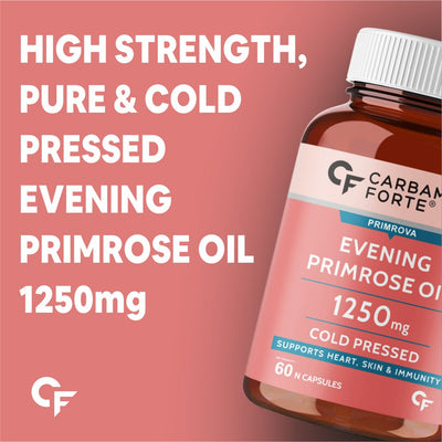 Carbamide Forte Evening Primrose Oil Capsules 1250mg - 100% Pure & Cold Pressed, Hexane & Paraben Free EPO with 10% GLA – 60 Capsules