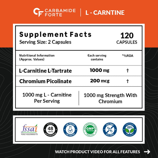 Carbamide Forte L Carnitine L Tartrate 1000mg Capsules for Men & Women | Pre Workout Supplement - 120 Veg Capsules