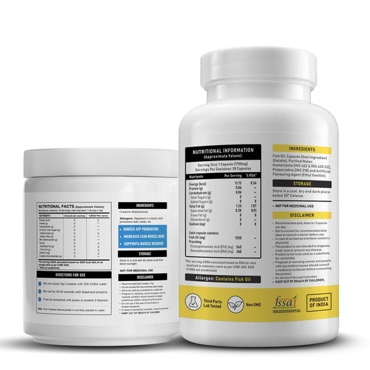 YouWeFit Omega-3 Fish Oil (30 Capsules), 1250mg + Wellcore Creatine Monohydrate (100gm, 33 Servings)