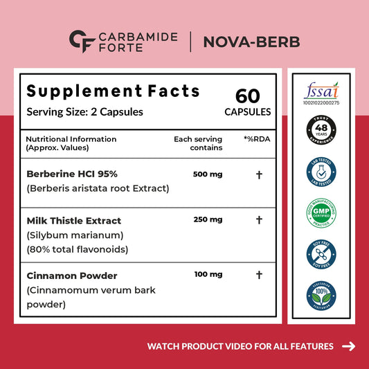 Carbamide Forte Berberis Berberine 95% with Milk Thistle & Cinnamon | Berberine Capsules 500mg | Berberine HCL Supplements | Boost Metabolism & Supports Immune Function | 60 Veg Capsule