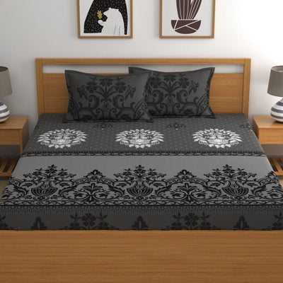 Dreamscape Grey & White Ethnic Motifs 144 TC Queen Bedsheet with 2 Pillow Covers