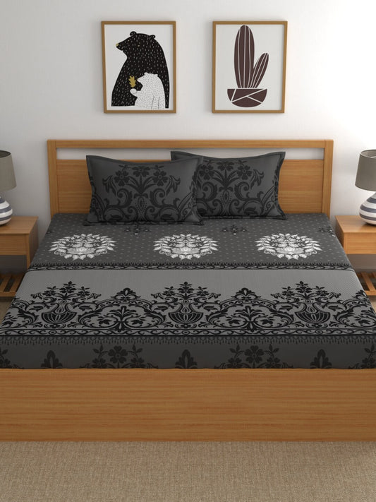 Dreamscape Grey & White Ethnic Motifs 144 TC Queen Bedsheet with 2 Pillow Covers