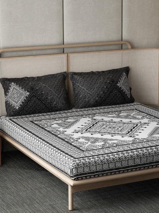 DDecor Live Beautiful Black & White 140 TC Cotton King Bedsheet & 2 Pillow Covers