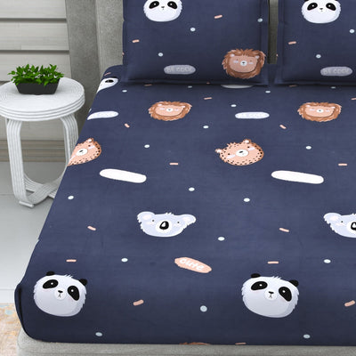 DREAM WEAVERZ Navy Blue & White Conversational Glazed Cotton 220 TC King Bedsheet with 2 Pillow Covers