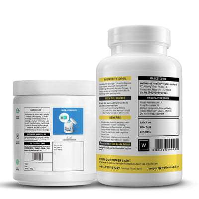 YouWeFit Omega-3 Fish Oil (60 Capsules), 1250mg + Wellcore Creatine Monohydrate (100gm, 33 Servings)