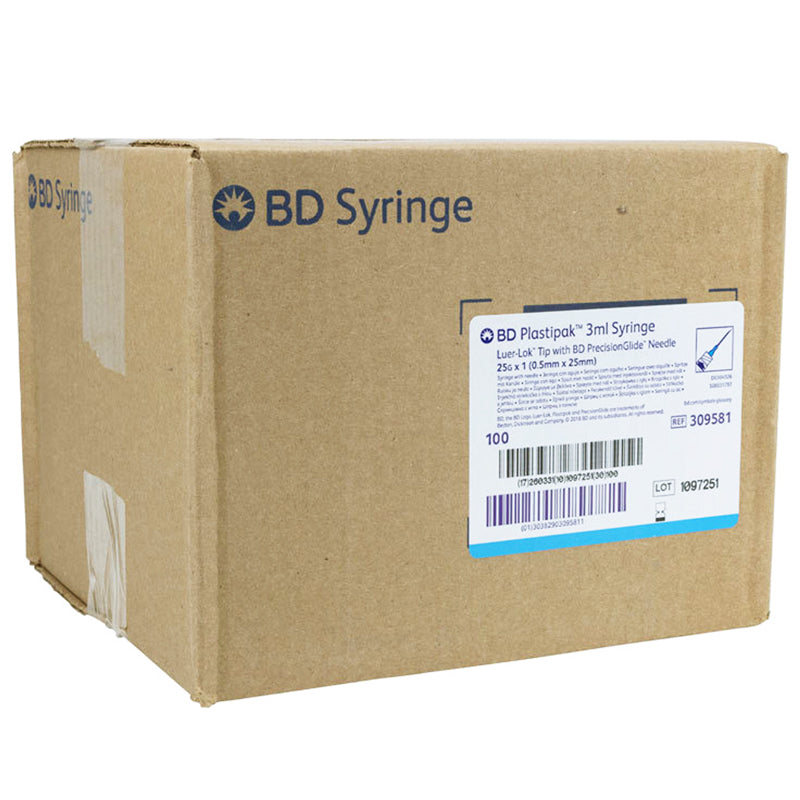 BD 25 Gauge x 1 inch Luer-Lok Syringes with attached PrecisionGlide Hypodermic Needle (100/Box)