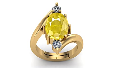 JAGDAMBA GEMS 6.25 Ratti 5.75 Carat Unheated Untreatet A+ Quality Natural Yellow Sapphire Pukhraj Gemstone Gold Plated Ring for Women's and Men's (Lab Certified)