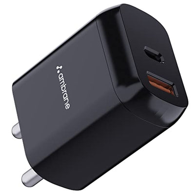 Ambrane 30W USB & Type-C Dual Port Boosted Speed Mobile Charger Adapter, Fast Charger with QC & PD Technology, Compatibility with iPhone & Android, Made in India, Compact & Durable(RAAP H33, Black)