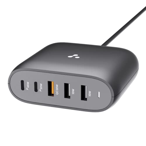 Ambrane 75W Charger Adapter with 5 Ports - Type C & USB Ports, iPhone, Android, MacBook & Type C Laptop Charging, Fast Charger with PD Technology & GaN Technology for All Devices (RAAP HUB 75, Black)