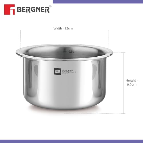 Bergner BE Bergner Essentials Tri-Ply Stainless Steel Junior 10 cm (500 ml) Tope/Patila/Topia, Even Heat Distribution, Consumes Less Oil, Easy to Clean, Induction Bottom and Gas Ready, 5-Year Warranty