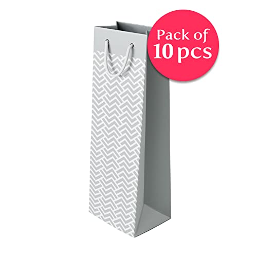 PaperPep Silver Zig Zag 14"X4.85"X3.65" Wine Paper Bag Pack of 10 | Wine Bottle Bags for Return Gifting, Birthday, Presents & Other Occasion