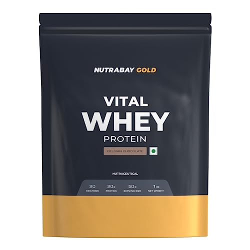 Nutrabay Gold Vital Whey Protein (1kg, Belgian Chocolate) for Beginners with Vitamins & Minerals 20.4g Protein | Gym Supplement Protein Powder for Men & Women