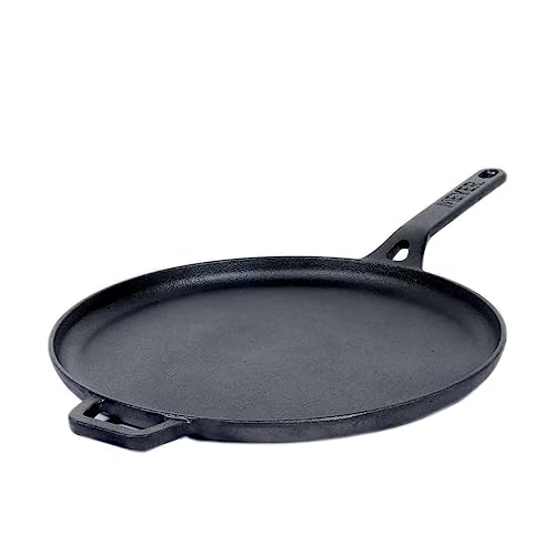 Meyer Pre-Seasoned Cast Iron Flat Dosa, Roti, Chapati Tawa Pan with Stick Handle, Dosa Kallu, Iron Tawa Big Size | Pre-Seasoned Iron Cookware | Gas and Induction Compatible | 28cm, Black