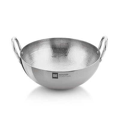BERGNER BE Essentials 16 cm Hammered Kadai, 990ml Kadhai Without Lid, Thickness 2.2 mm, Food Safe, Sturdy and Durable, Easy to Clean, Gas Stove Ready, Dishwasher Safe, 5-Year Warranty, Silver