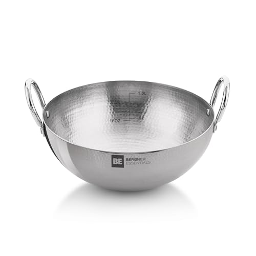 BERGNER BE Essentials 16 cm Hammered Kadai, 990ml Kadhai Without Lid, Thickness 2.2 mm, Food Safe, Sturdy and Durable, Easy to Clean, Gas Stove Ready, Dishwasher Safe, 5-Year Warranty, Silver