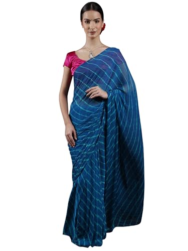 Exotic India Leharia Tie-Dye Sari from Jodhpur, Crystal Teal, Free Size