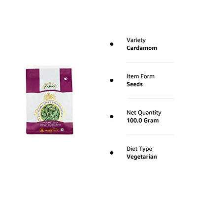 Emperor Akbar Whole Cardamom (Elaichi)- 100Gram - Green Cardamom In Superior Aroma-Lock Pack (Purple Grade - 8Mm Above)