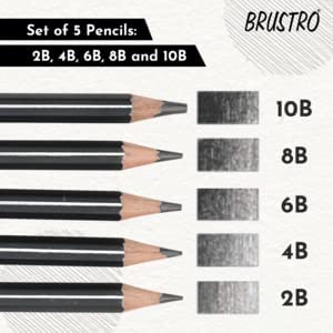 BRUSTRO Graphite Pencil set of 5 (2B, 4B, 6B, 8B, 10B) with Artists Sketch Book Wiro Bound A5 Size (14.8 CM x 21 CM), 116 Pages,160 GSM (Acid Free) and ECO PVC dust Free Erasers (2 Pcs)