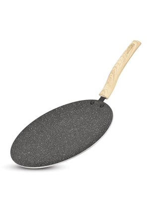 BERGNER Earth Black Non-Stick 28 cm Dosa Tawa, Wooden Finish Soft Touch Handle, 3mm Thickness, Consumes Less Oil, Even Heat Distribution, White Marble Splatter, Induction Bottom and Gas Ready