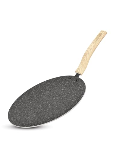 BERGNER Earth Black Non-Stick 28 cm Dosa Tawa, Wooden Finish Soft Touch Handle, 3mm Thickness, Consumes Less Oil, Even Heat Distribution, White Marble Splatter, Induction Bottom and Gas Ready