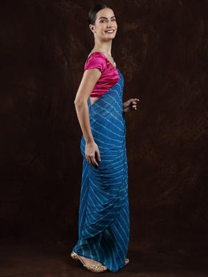 Exotic India Leharia Tie-Dye Sari from Jodhpur, Crystal Teal, Free Size