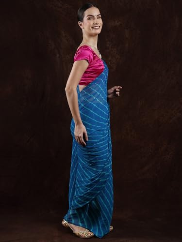 Exotic India Leharia Tie-Dye Sari from Jodhpur, Crystal Teal, Free Size