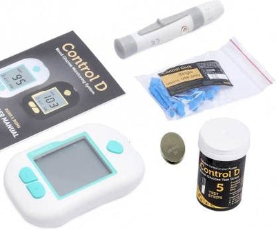 Control D Advanced Digital Diabetes Glucose Blood Sugar Testing Monitor with 5 Strips Glucometer (White, Green)
