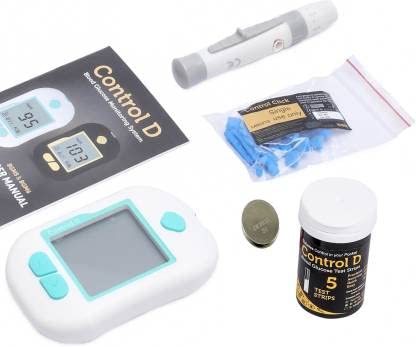 Control D Advanced Digital Diabetes Glucose Blood Sugar Testing Monitor with 5 Strips Glucometer (White, Green)