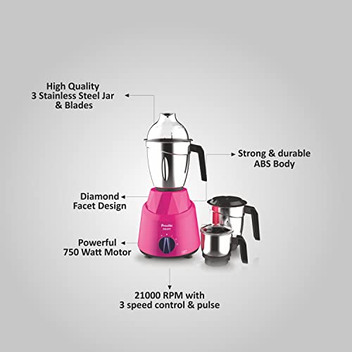 Preethi Plastic Galaxy Mg225 Mixer Grinder, 750 Watt, Pink, 3 Jars, Vega W5 Motor with 5Yr Warranty & Lifelong Free Service, 750 Watt