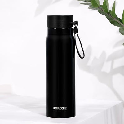 Borosil Hydra Bliss 500 ml Stainless Steel Vacuum Insulated Water Bottle, 13 hrs Hot & 12 Hrs Cold Thermos Flask, Leak Proof, Wide Mouth & Strap, for Home, Office, Sports, School & Outdoor uses, Black