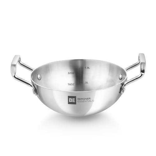 BERGNER BE Essentials TriPly Stainless Steel 18 cm Extra Deep Kadai/Indian Wok, 1 L Kadhai, Even Heat Distribution, Consumes Less Oil, Easy to Clean, Gas Stove Compatible, 5-Year Warranty